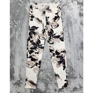 INC Pants Women M Cream Black Floral Pull On Tapered Leg Stretch Knit Drawstring